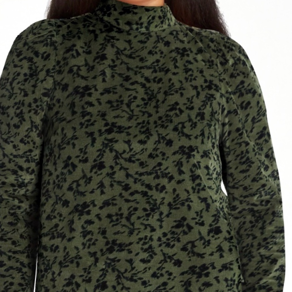 Olive Green Mock Neck Long Sleeve Top with Black Leaf Print - Picture 4 of 4